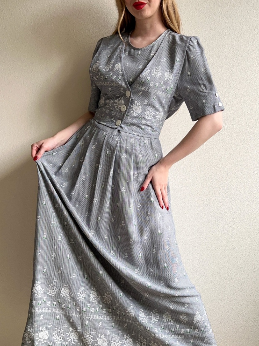 Vintage 1990s Houndstooth Midi Dress With Faux Vest (L)